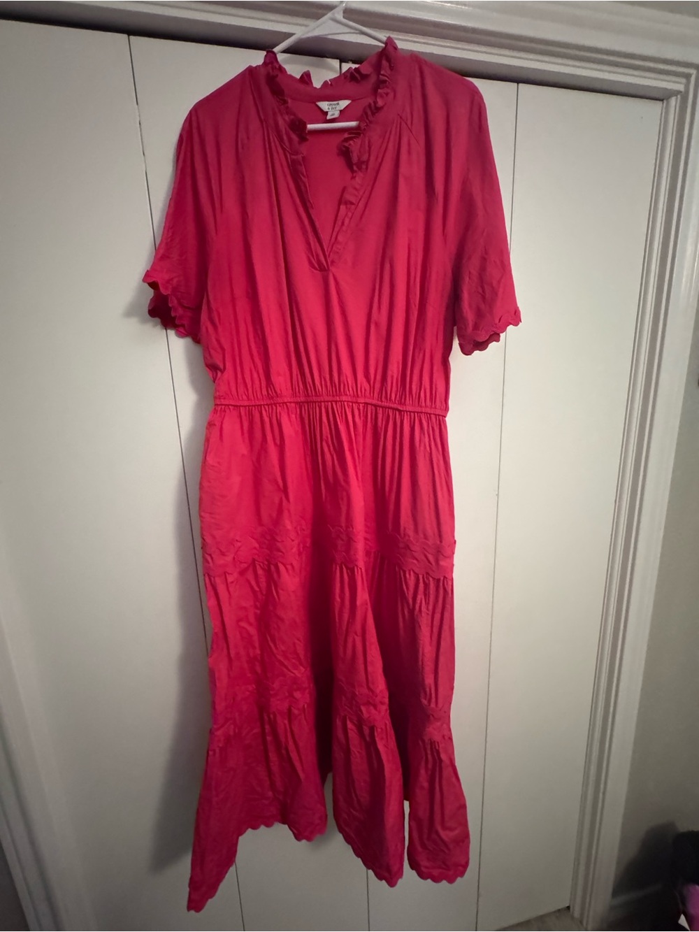 Women's Ruffle Neck Short Sleeve Midi Dress - Pink
